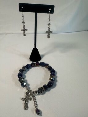 Dark Purple Beaded Adjustable hook with Silver Cross Charm - Women's Bracelet